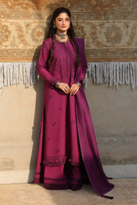 Cross Stitch - Velvet Fuchsia Linen Embroidered Suit - 3 Piece