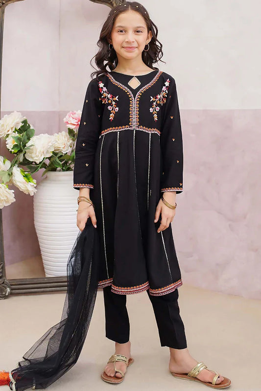 Modest - 3 Piece Linen Embroidered Black Suit