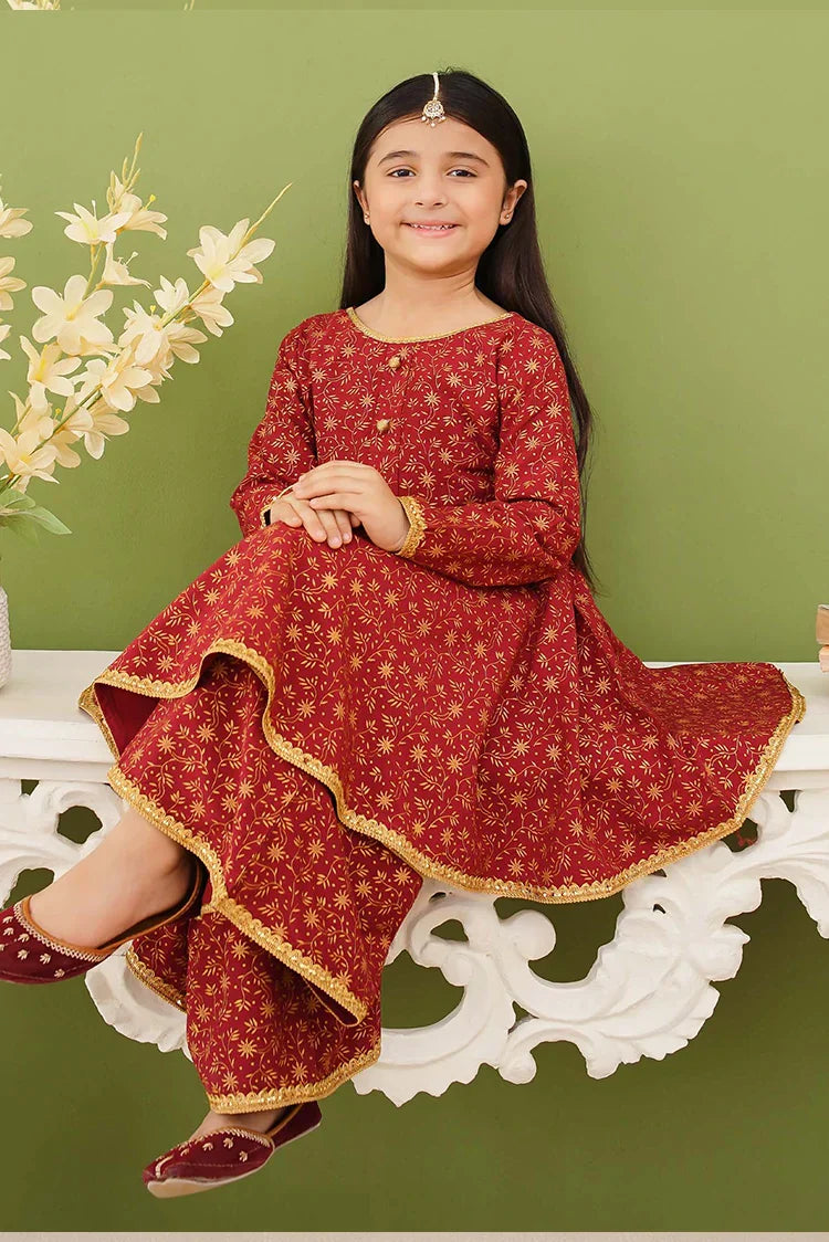 Modest - 3 Piece Maroon Printed Linen Gharara