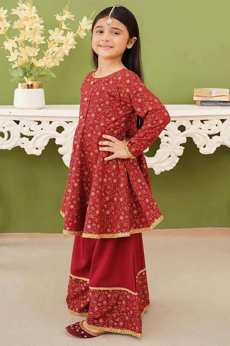 Modest - 3 Piece Maroon Printed Linen Gharara