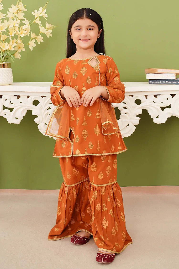 Modest - 3 Piece Printed Mustard Linen Gharara