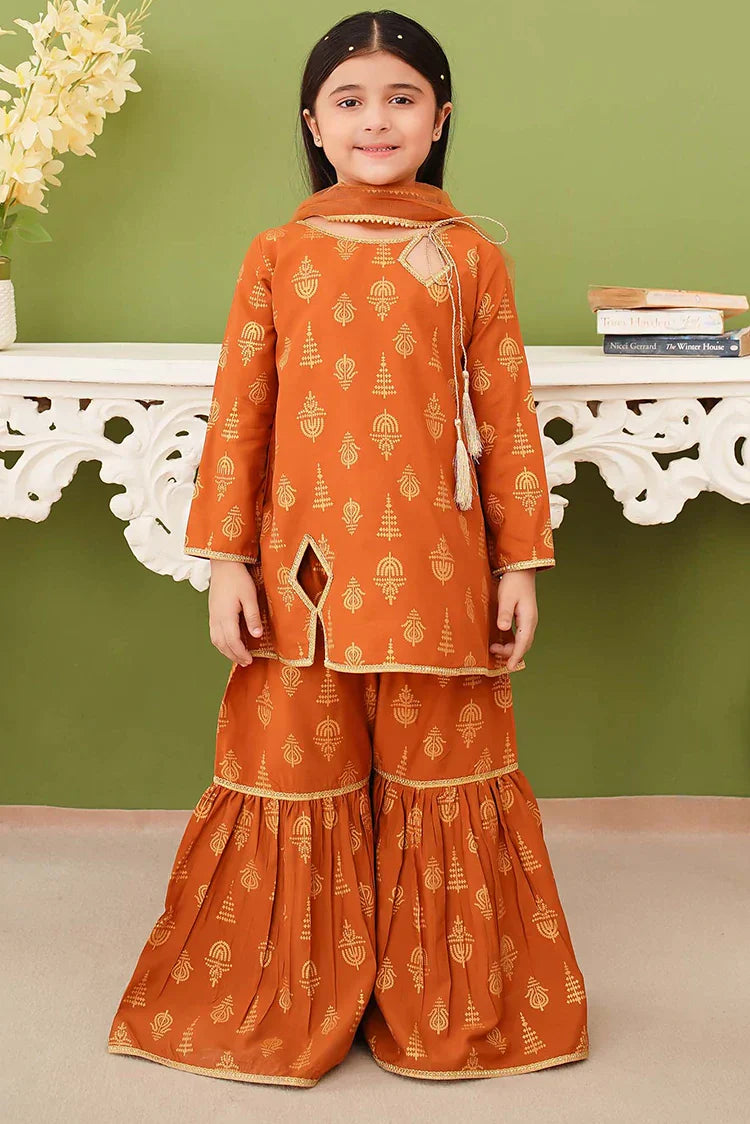 Modest - 3 Piece Printed Mustard Linen Gharara