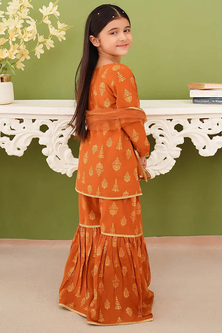 Modest - 3 Piece Printed Mustard Linen Gharara
