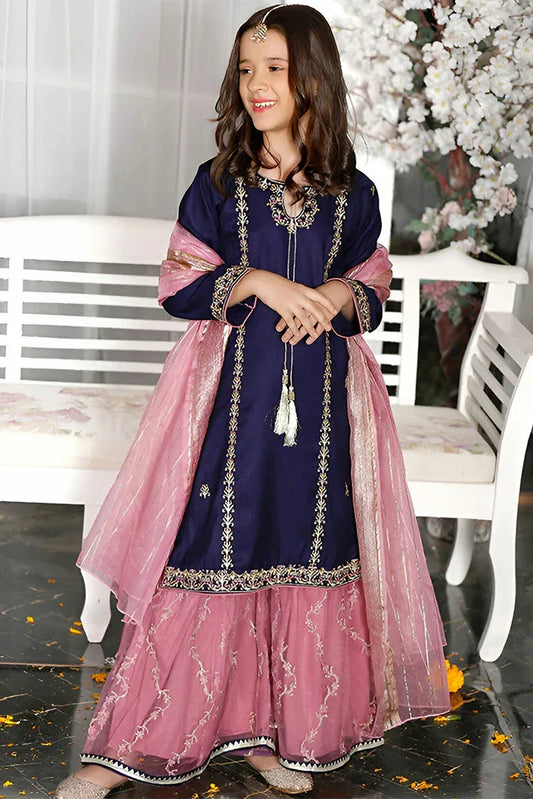 Modest - Kids Blue Raw Silk Gharara Outfit