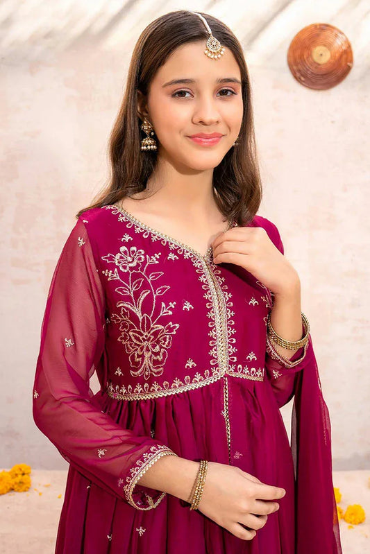 Modest - Meethi Eid - Maroon Crinkle Embroidered 3 Piece