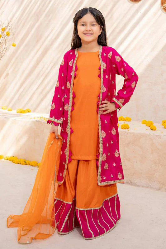 Modest - Meethi Eid - 3 Piece Orange Rawsilk Embroidered Gharara