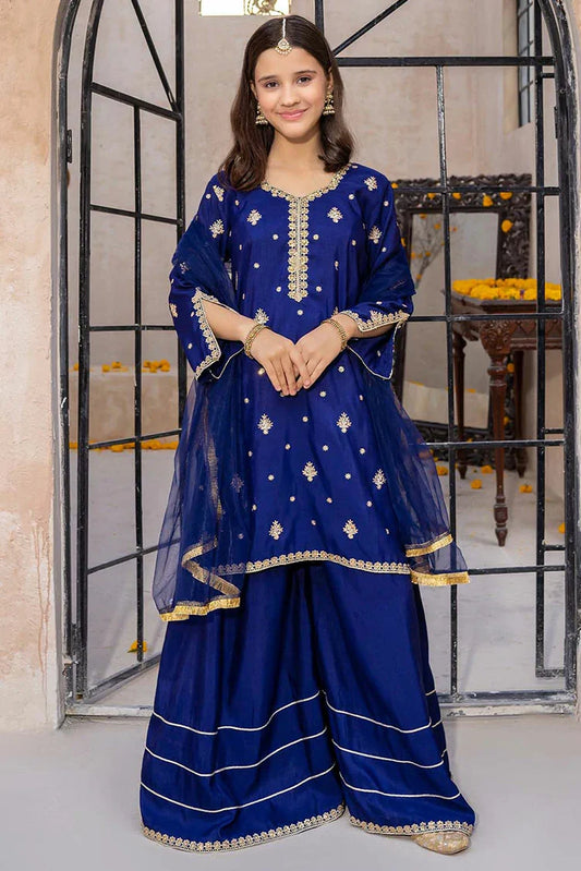 Modest - Meethi Eid - Blue Rawsilk Embroidered 3 Piece Gharara