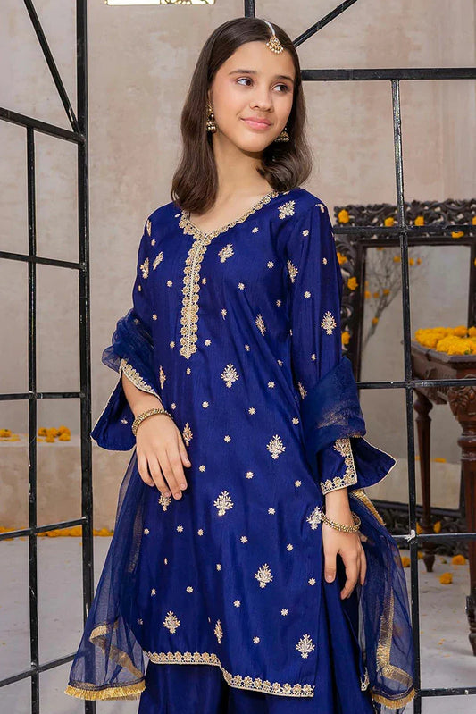 Modest - Meethi Eid - Blue Rawsilk Embroidered 3 Piece Gharara
