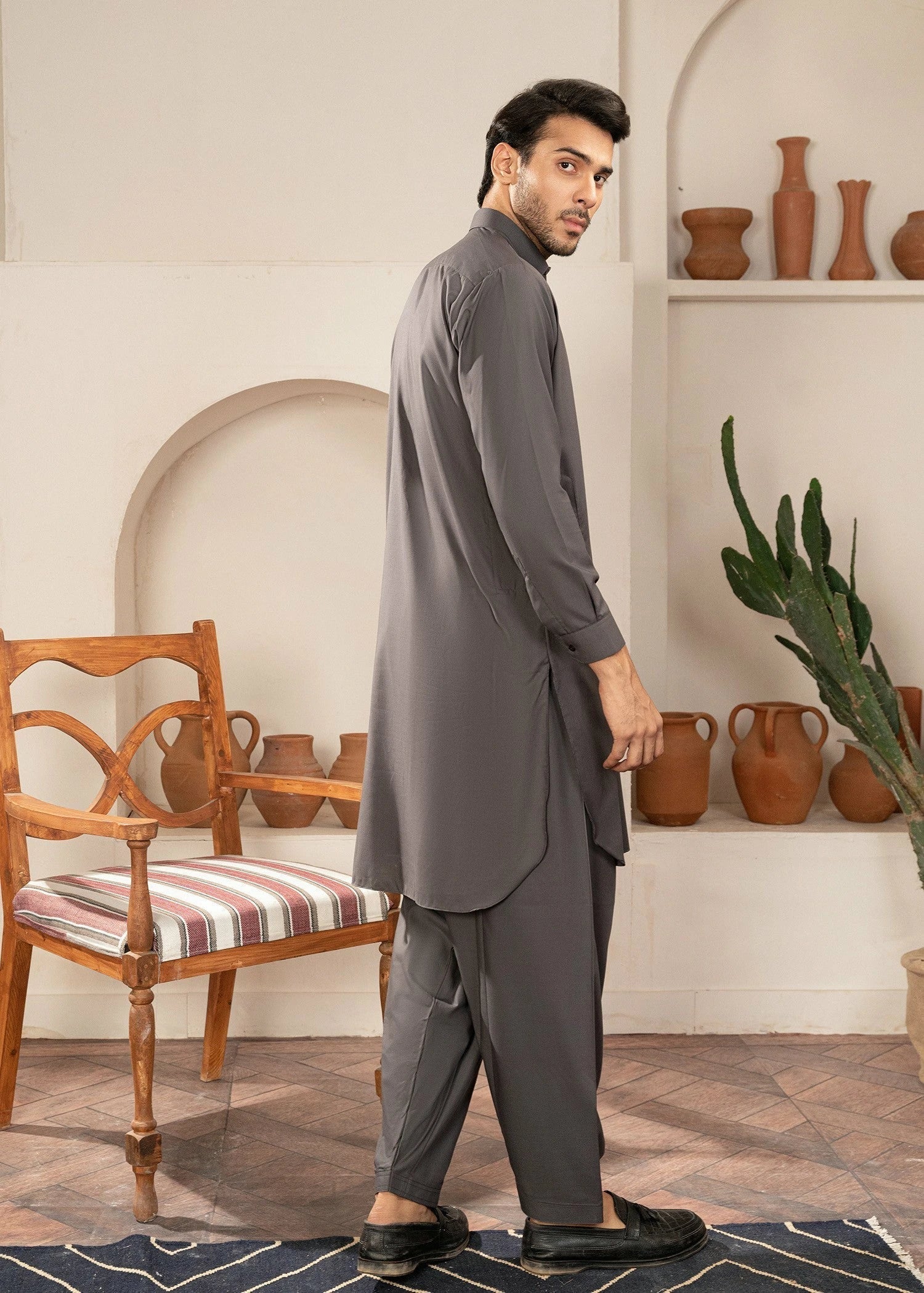 Picture of Wash & Wear | Grey Collared Shalwar Kameez - Available at Raja Sahib