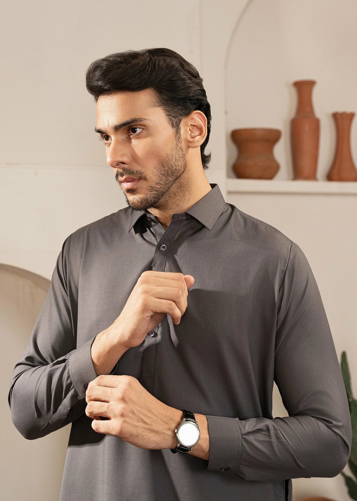 Picture of Wash & Wear | Grey Collared Shalwar Kameez - Available at Raja Sahib