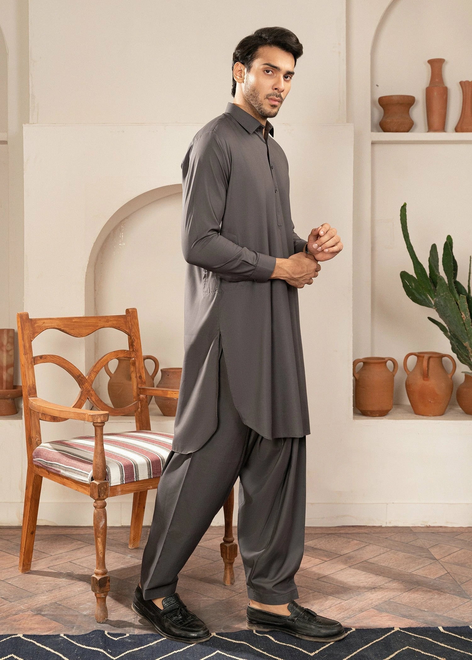 Picture of Wash & Wear | Grey Collared Shalwar Kameez - Available at Raja Sahib