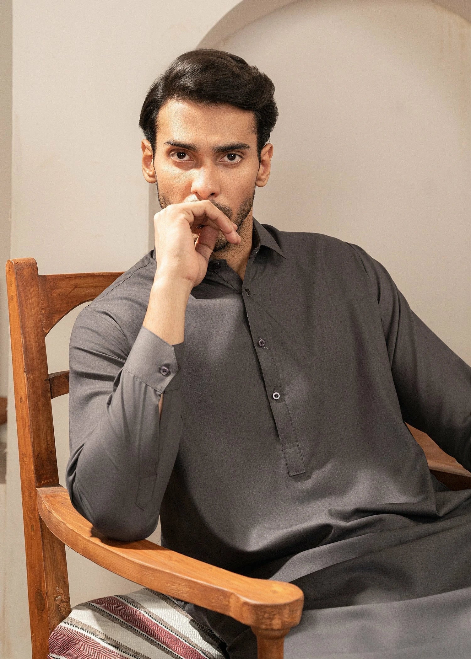 Picture of Wash & Wear | Grey Collared Shalwar Kameez - Available at Raja Sahib