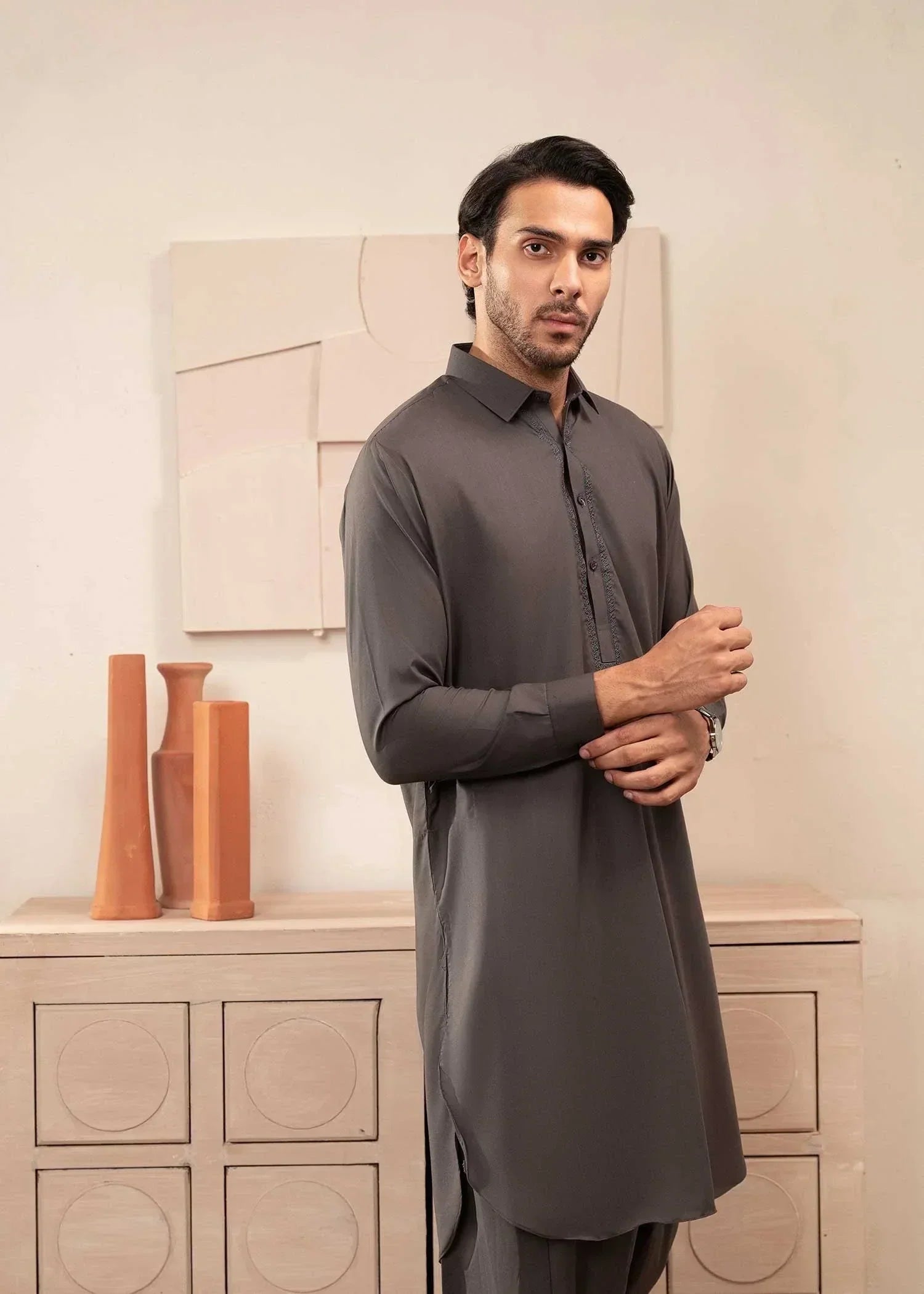 Picture of Wash & Wear | Grey Collared Shalwar Kameez - Available at Raja Sahib