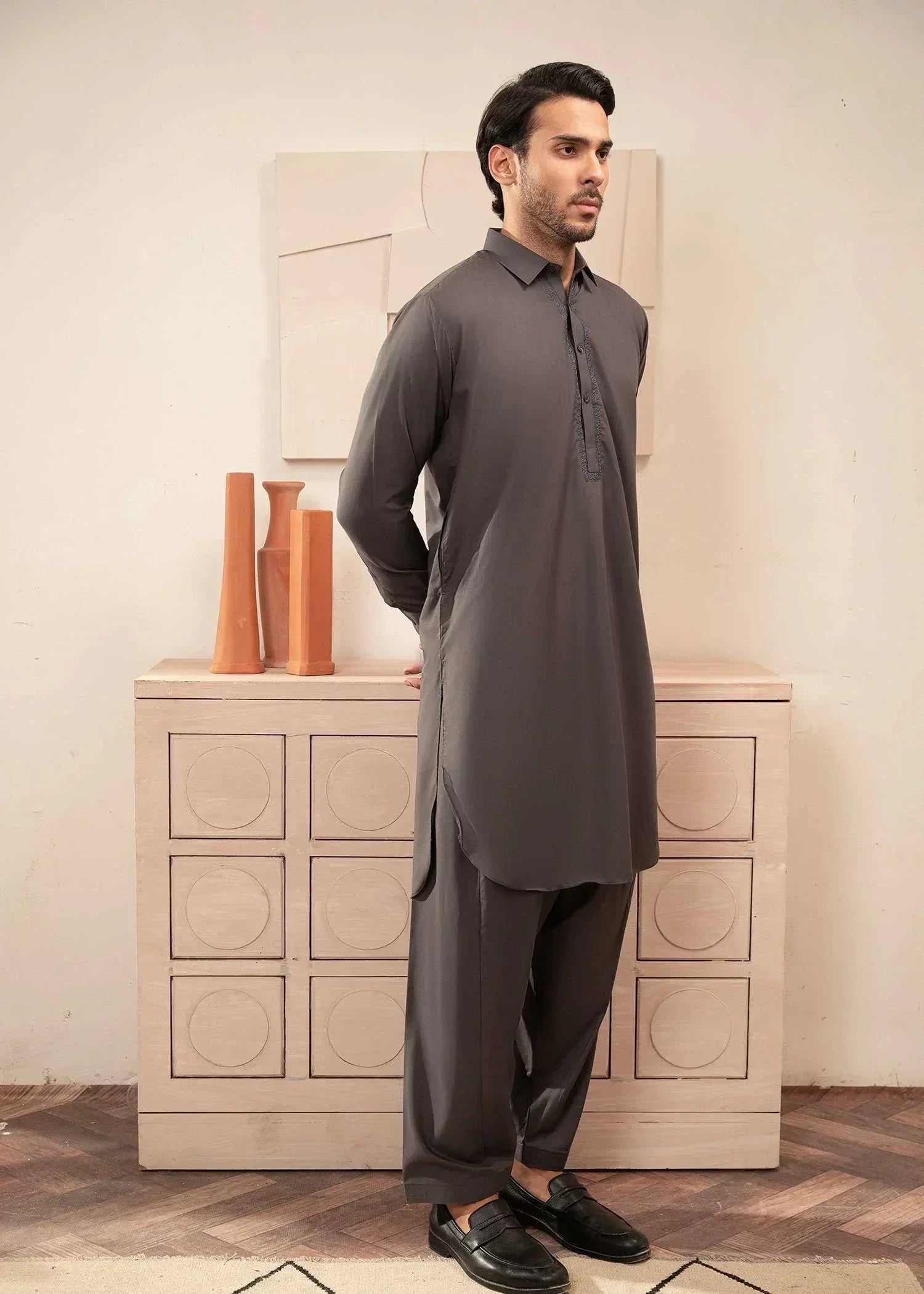 Picture of Wash & Wear | Grey Collared Shalwar Kameez - Available at Raja Sahib