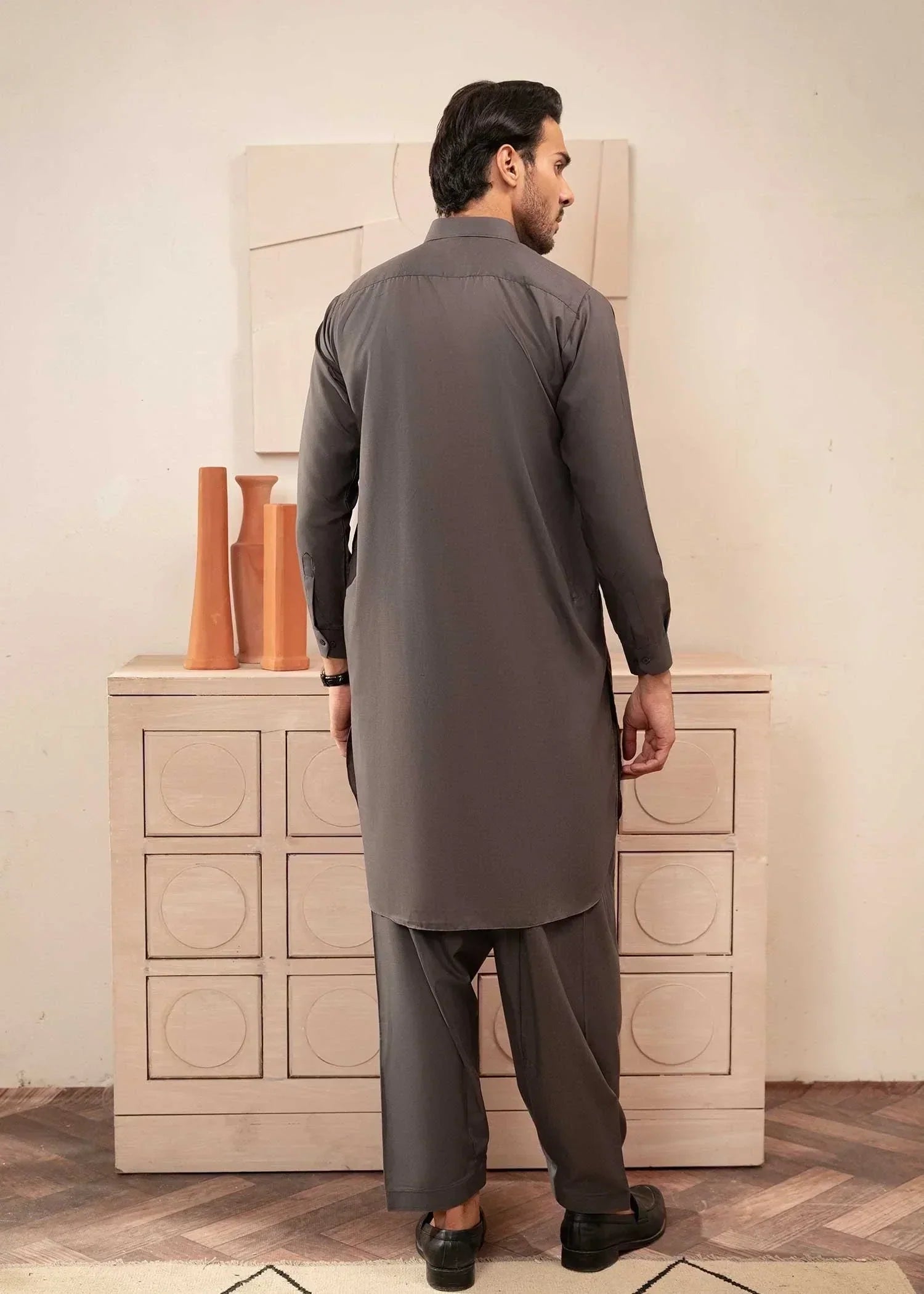 Picture of Wash & Wear | Grey Collared Shalwar Kameez - Available at Raja Sahib