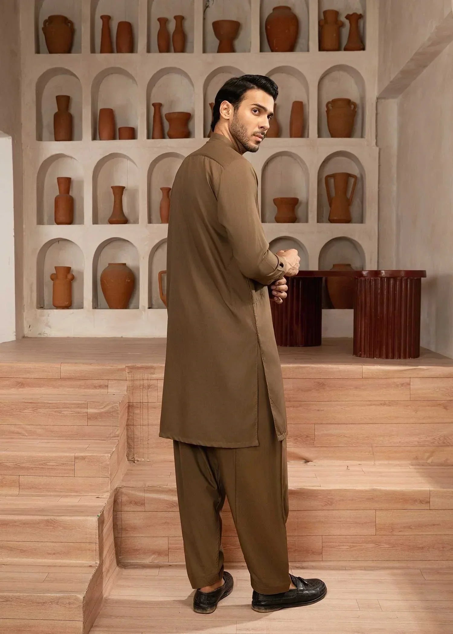 Picture of Wash & Wear | Brown Ban Shalwar Kameez - Available at Raja Sahib