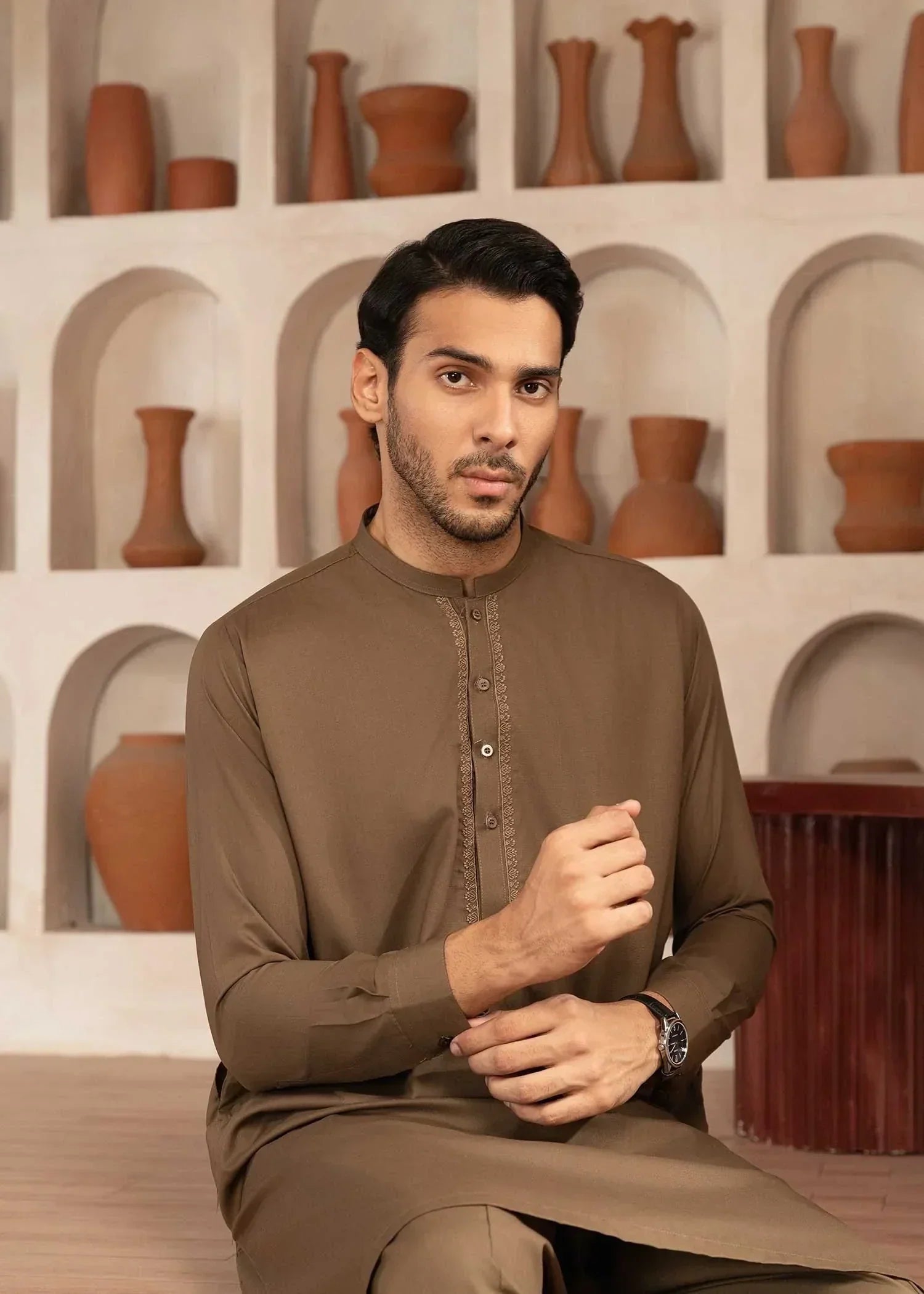 Picture of Wash & Wear | Brown Ban Shalwar Kameez - Available at Raja Sahib