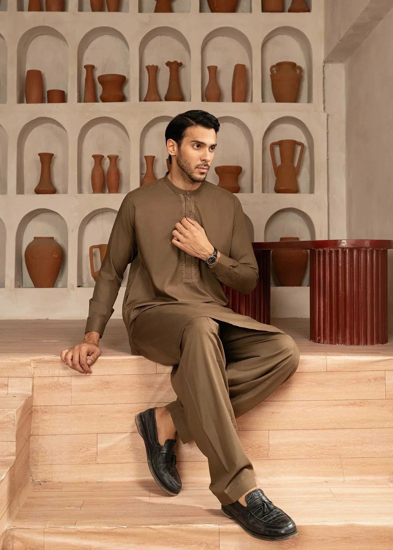 Picture of Wash & Wear | Brown Ban Shalwar Kameez - Available at Raja Sahib