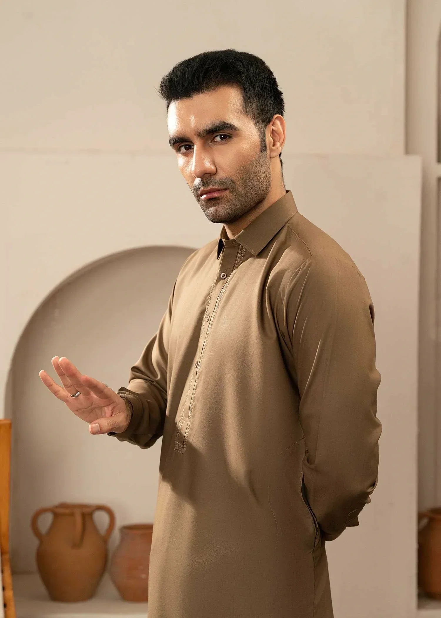 Picture of Wash & Wear | Brown Collared Shalwar Kameez - Available at Raja Sahib