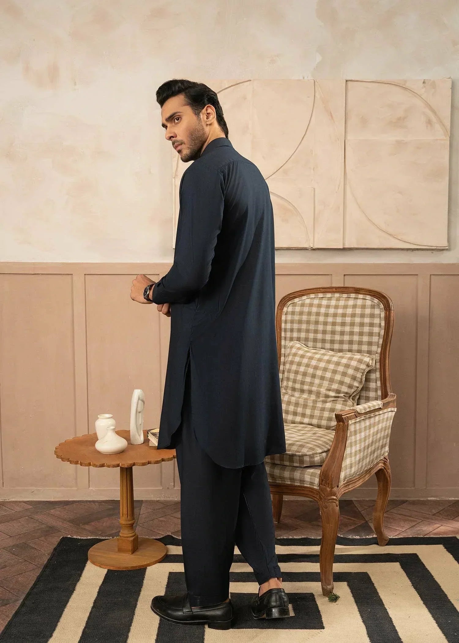 Picture of Wash & Wear | Navy Collared Shalwar Kameez - Available at Raja Sahib