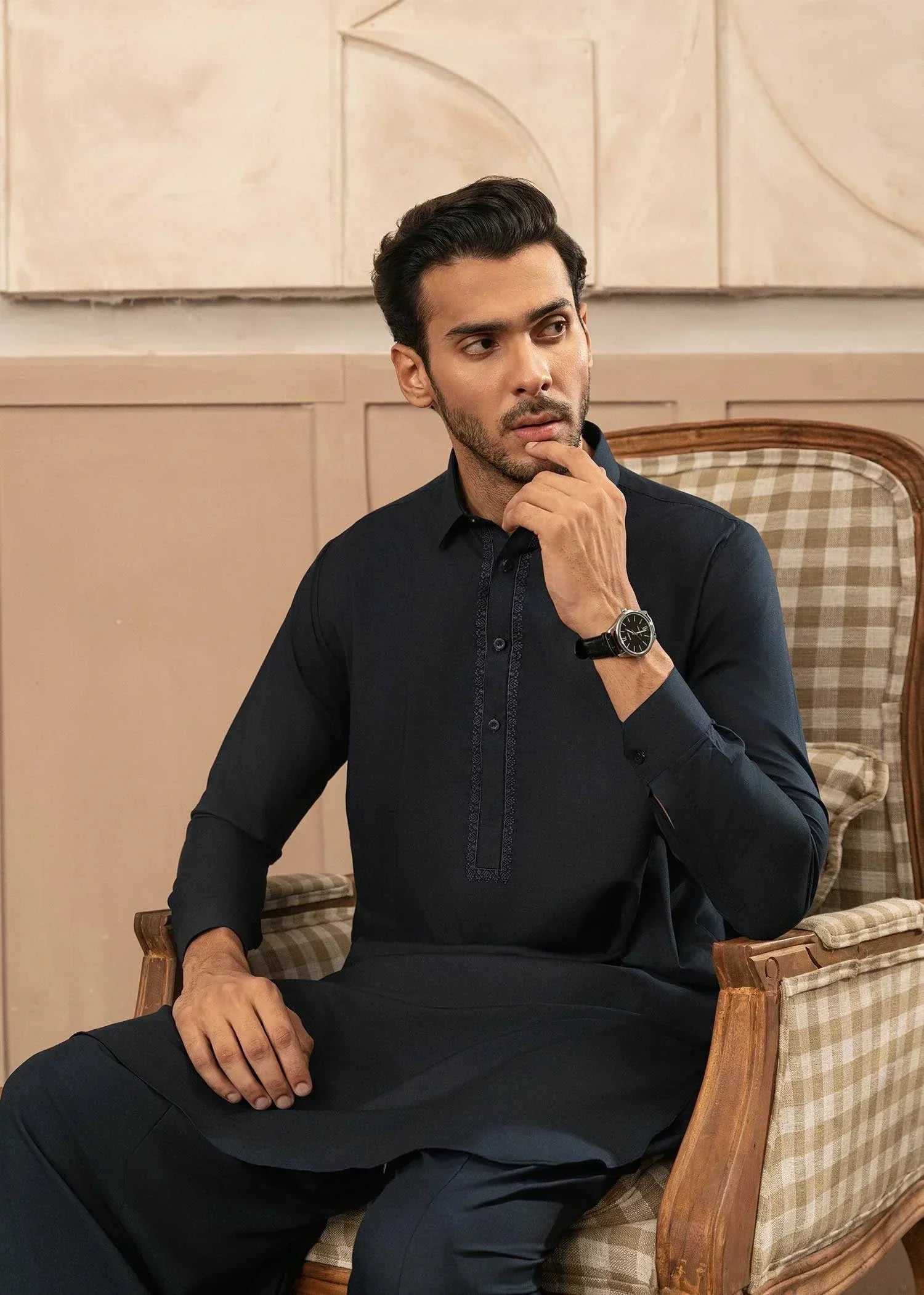 Picture of Wash & Wear | Navy Collared Shalwar Kameez - Available at Raja Sahib