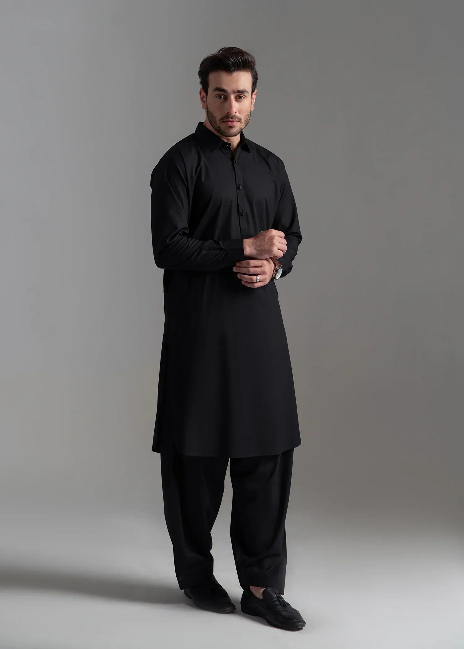 Picture of <!--amz-->Wash & Wear | Black Collared Shalwar Kameez - Available at Raja Sahib