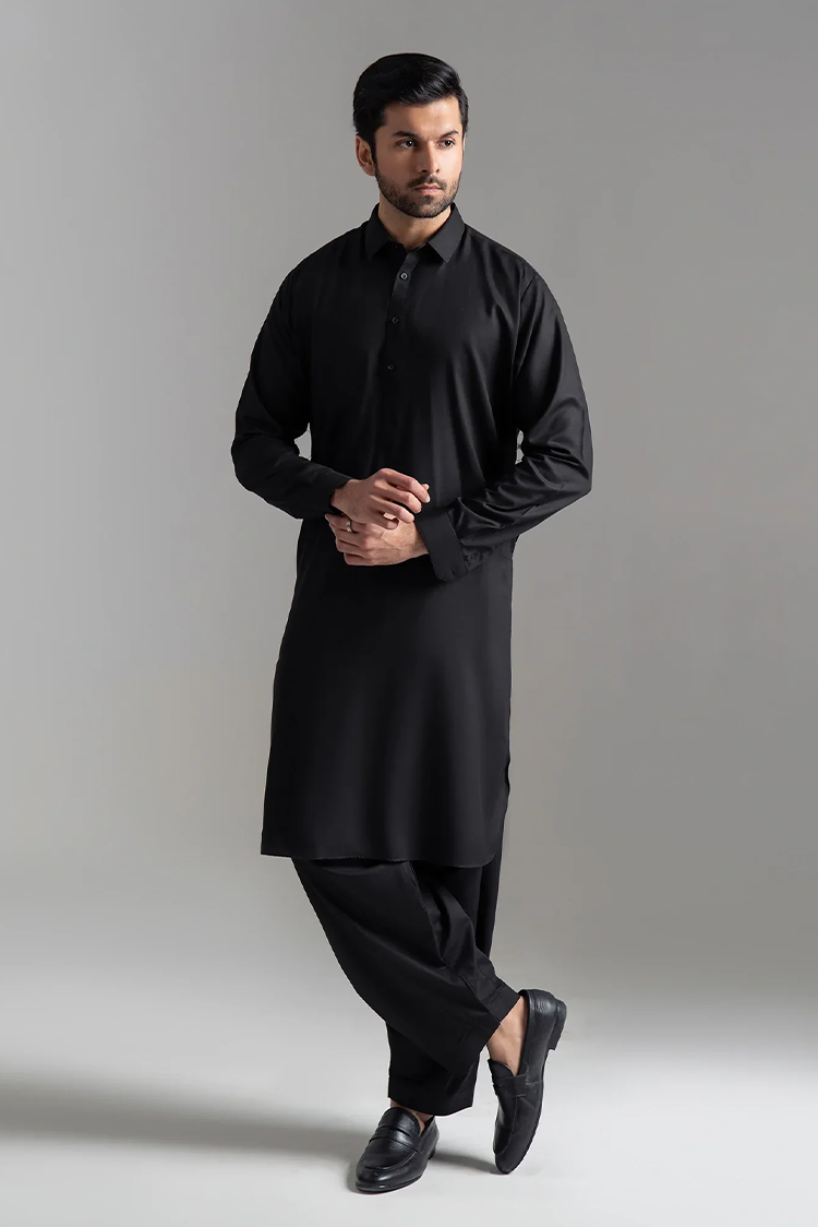 Picture of <!--ccy-->Wash & Wear | Black Collared Shalwar Kameez - Available at Raja Sahib