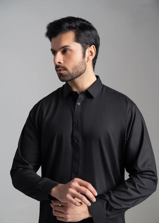 Picture of <!--ccy-->Wash & Wear | Black Collared Shalwar Kameez - Available at Raja Sahib