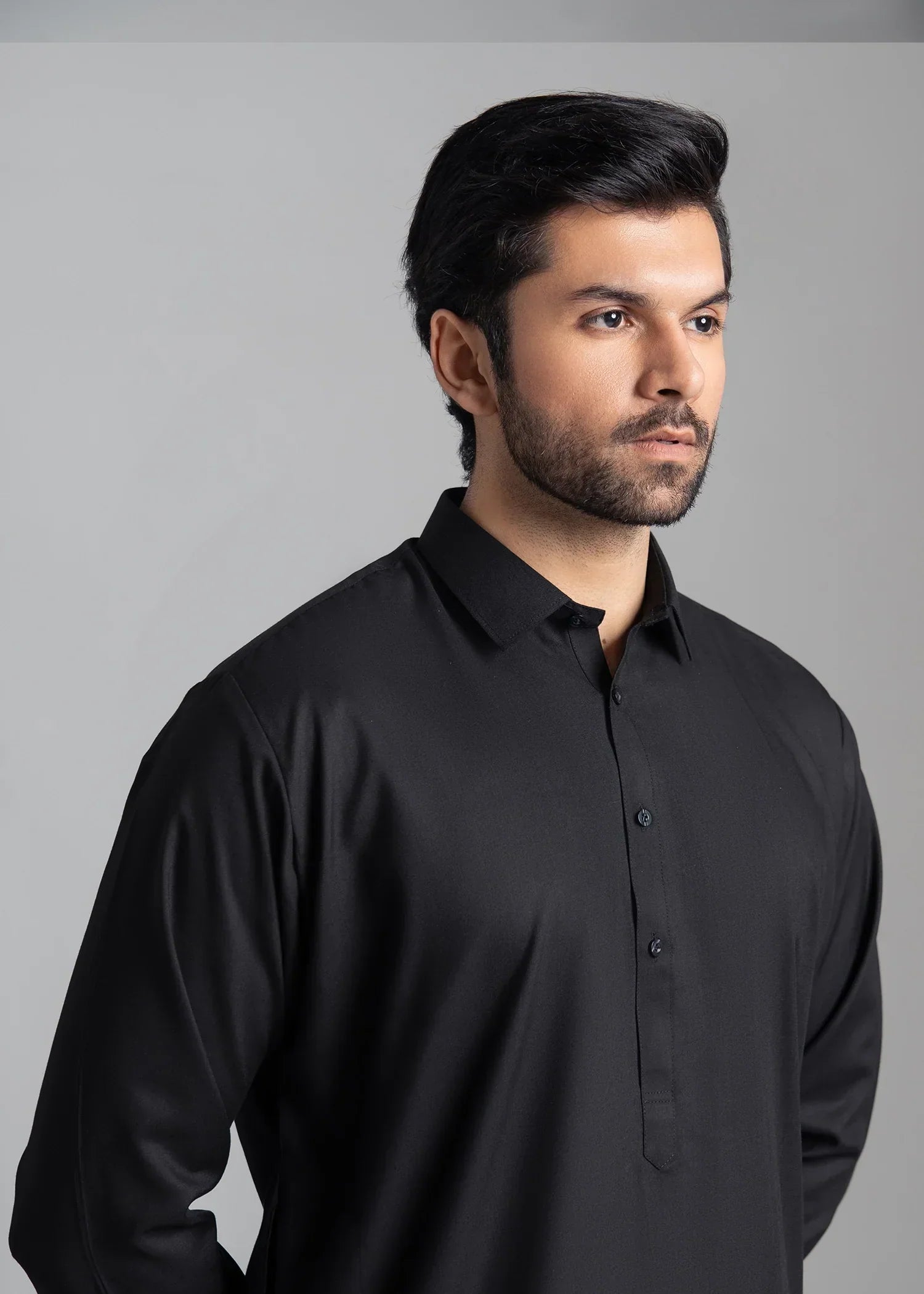 Picture of <!--ccy-->Wash & Wear | Black Collared Shalwar Kameez - Available at Raja Sahib