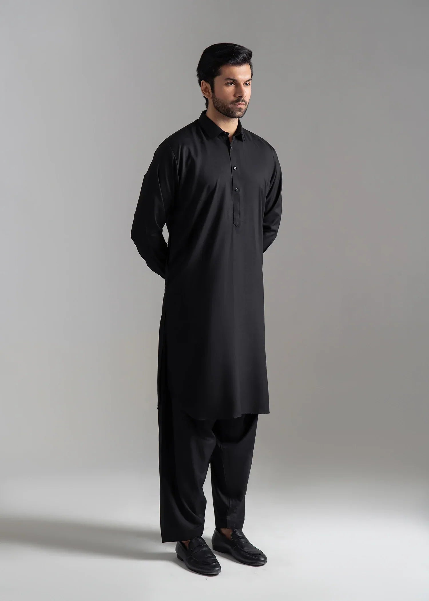 Picture of <!--ccy-->Wash & Wear | Black Collared Shalwar Kameez - Available at Raja Sahib