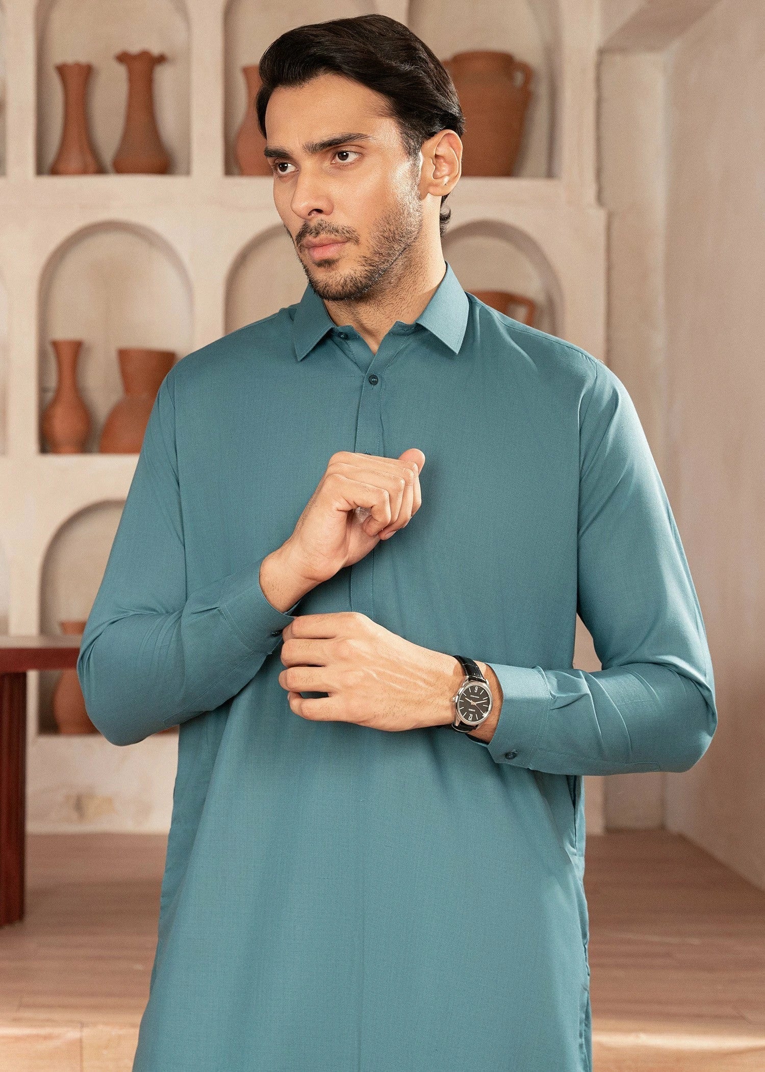 Picture of Wash & Wear | Aqua Green Collared Shalwar Kameez - Available at Raja Sahib