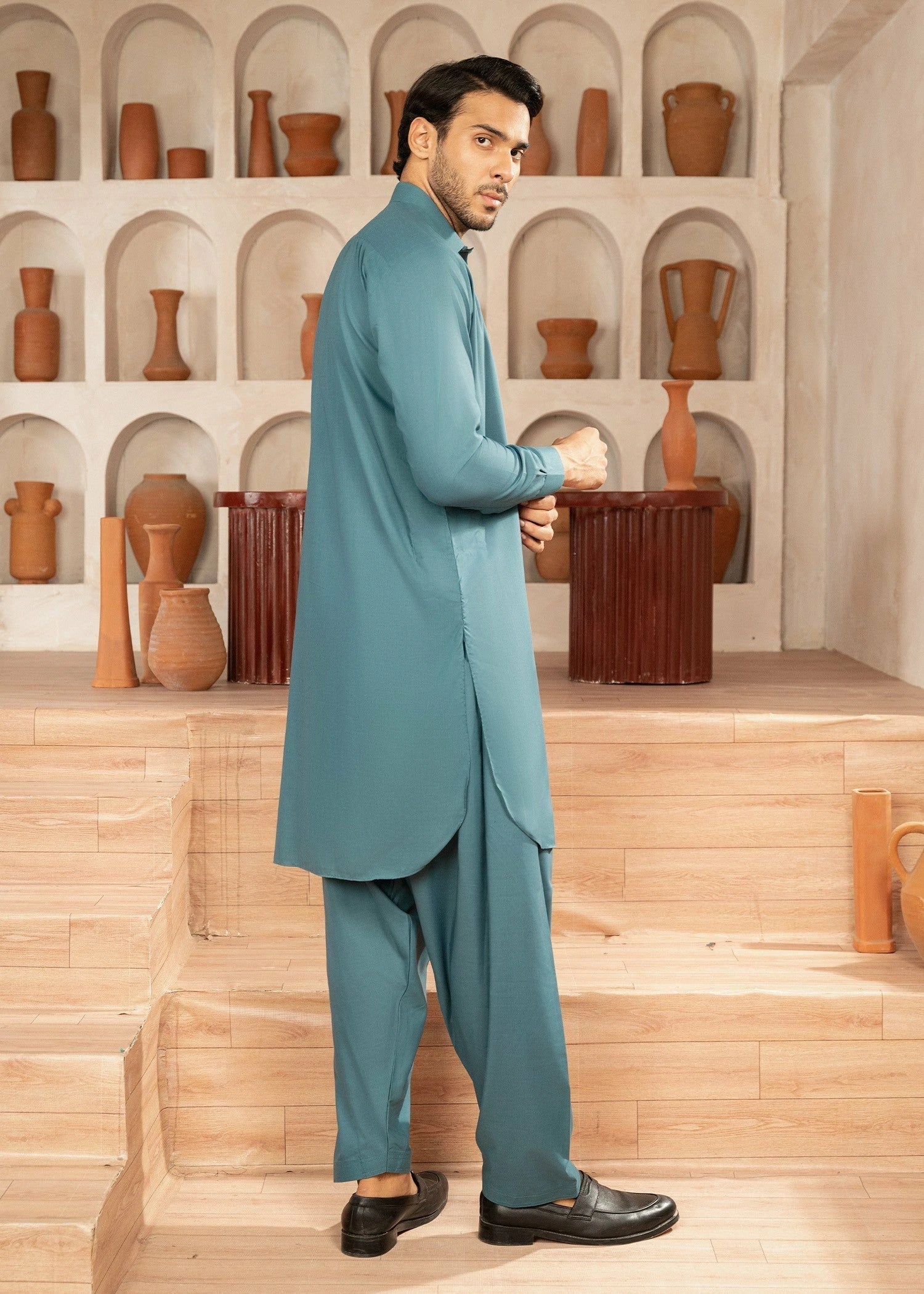 Picture of Wash & Wear | Aqua Green Collared Shalwar Kameez - Available at Raja Sahib