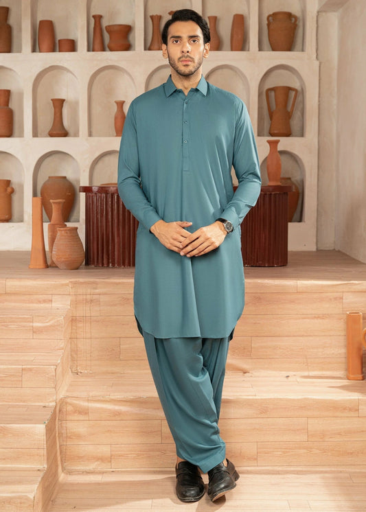 Picture of Wash & Wear | Aqua Green Collared Shalwar Kameez - Available at Raja Sahib
