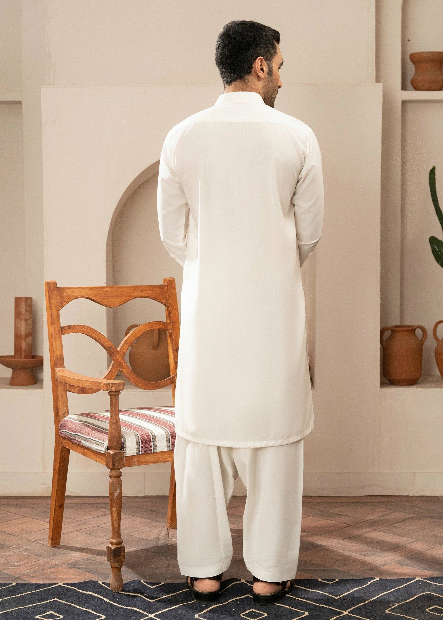 Picture of Wash & Wear | Off-White Collared Shalwar Kameez - Available at Raja Sahib