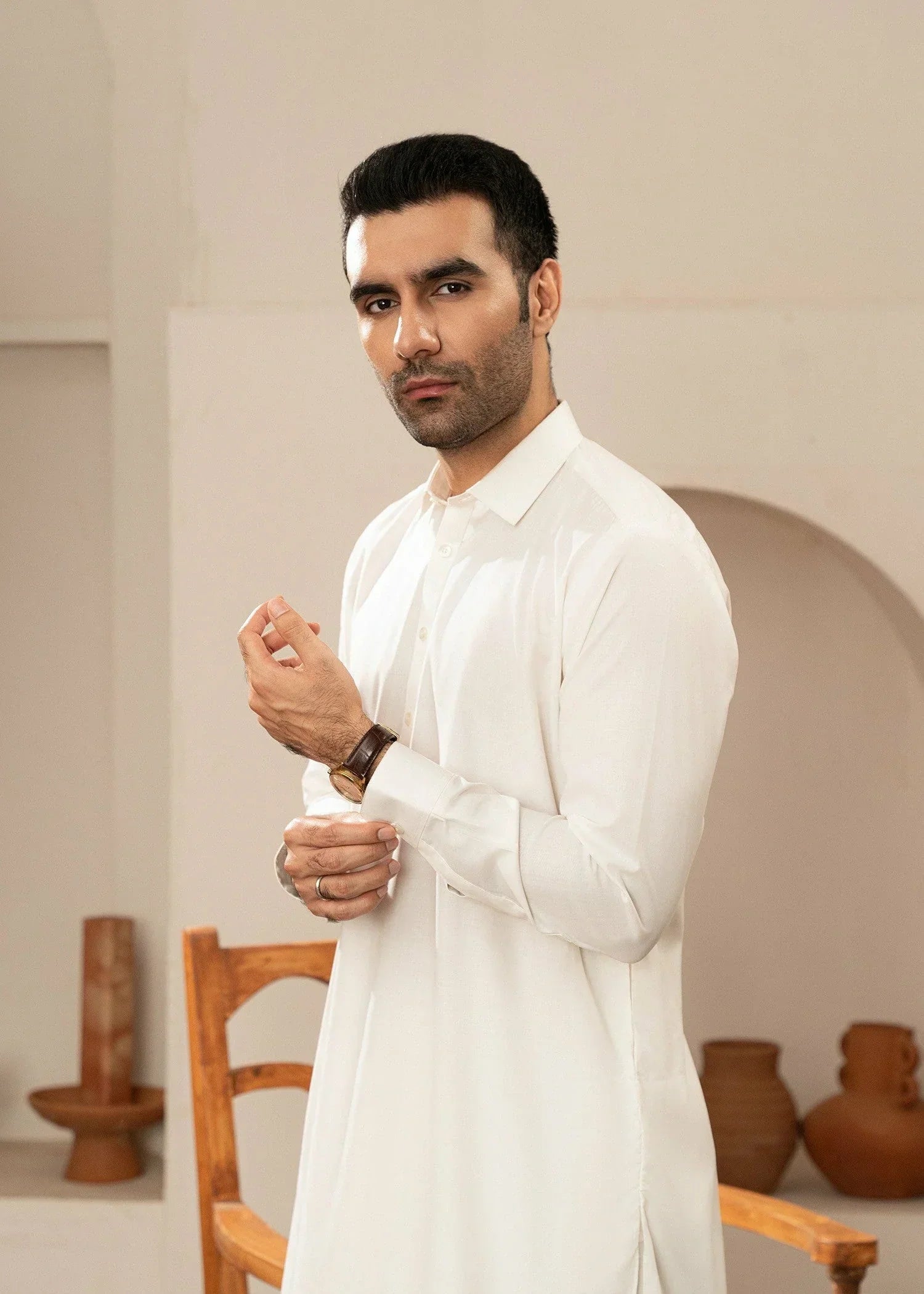 Picture of Wash & Wear | Off-White Collared Shalwar Kameez - Available at Raja Sahib