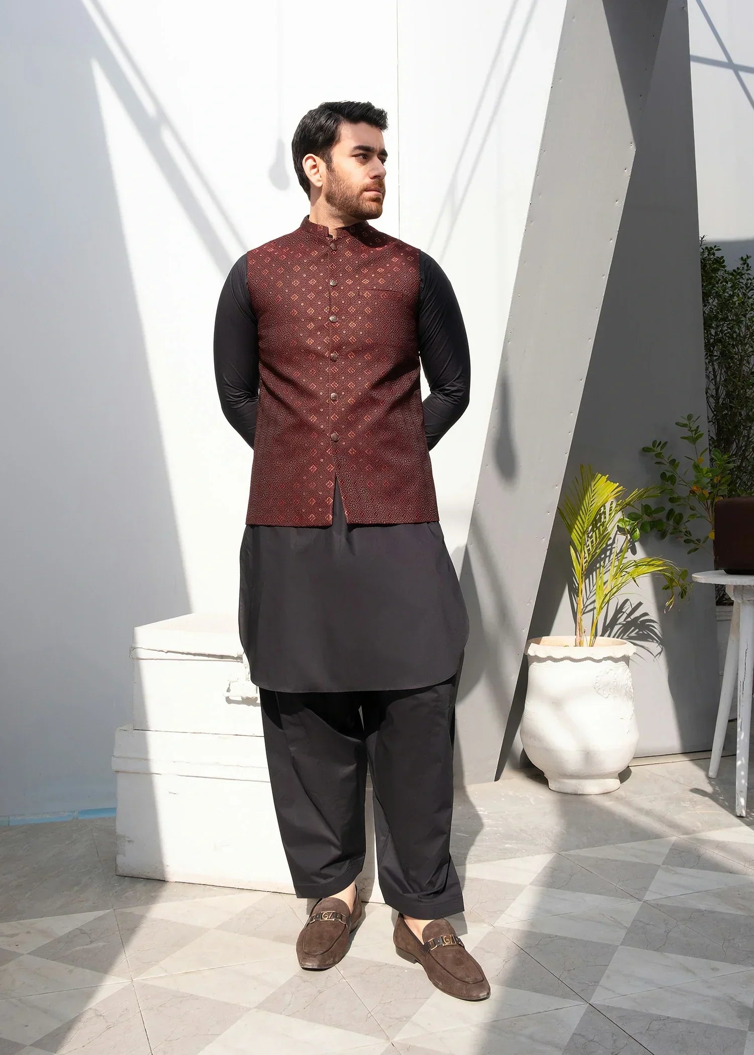 Picture of Platinum Maroon | Waist Coat Ceremonial - Available at Raja Sahib