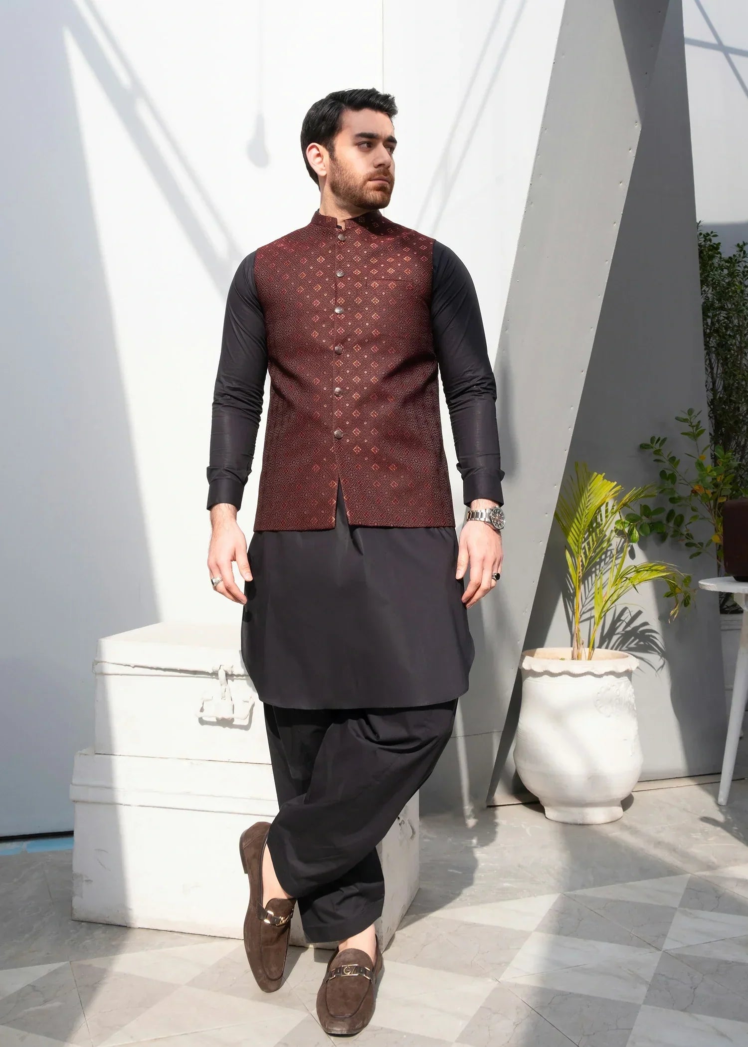 Picture of Platinum Maroon | Waist Coat Ceremonial - Available at Raja Sahib