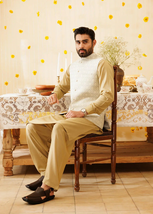 Picture of Platinum Off White | Waist Coat Ceremonial - Available at Raja Sahib