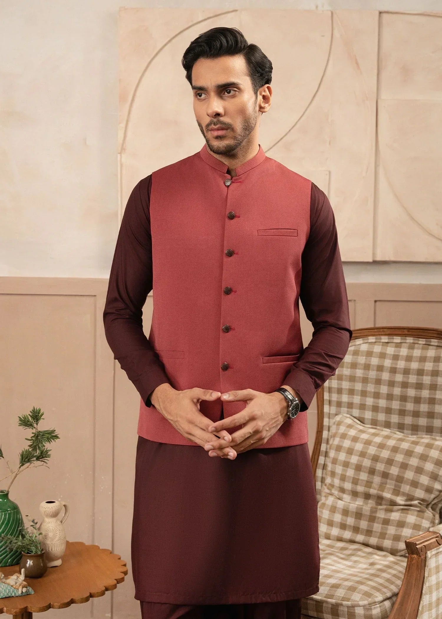 Picture of Platinum Maroon | Waist Coat Ceremonial - Available at Raja Sahib