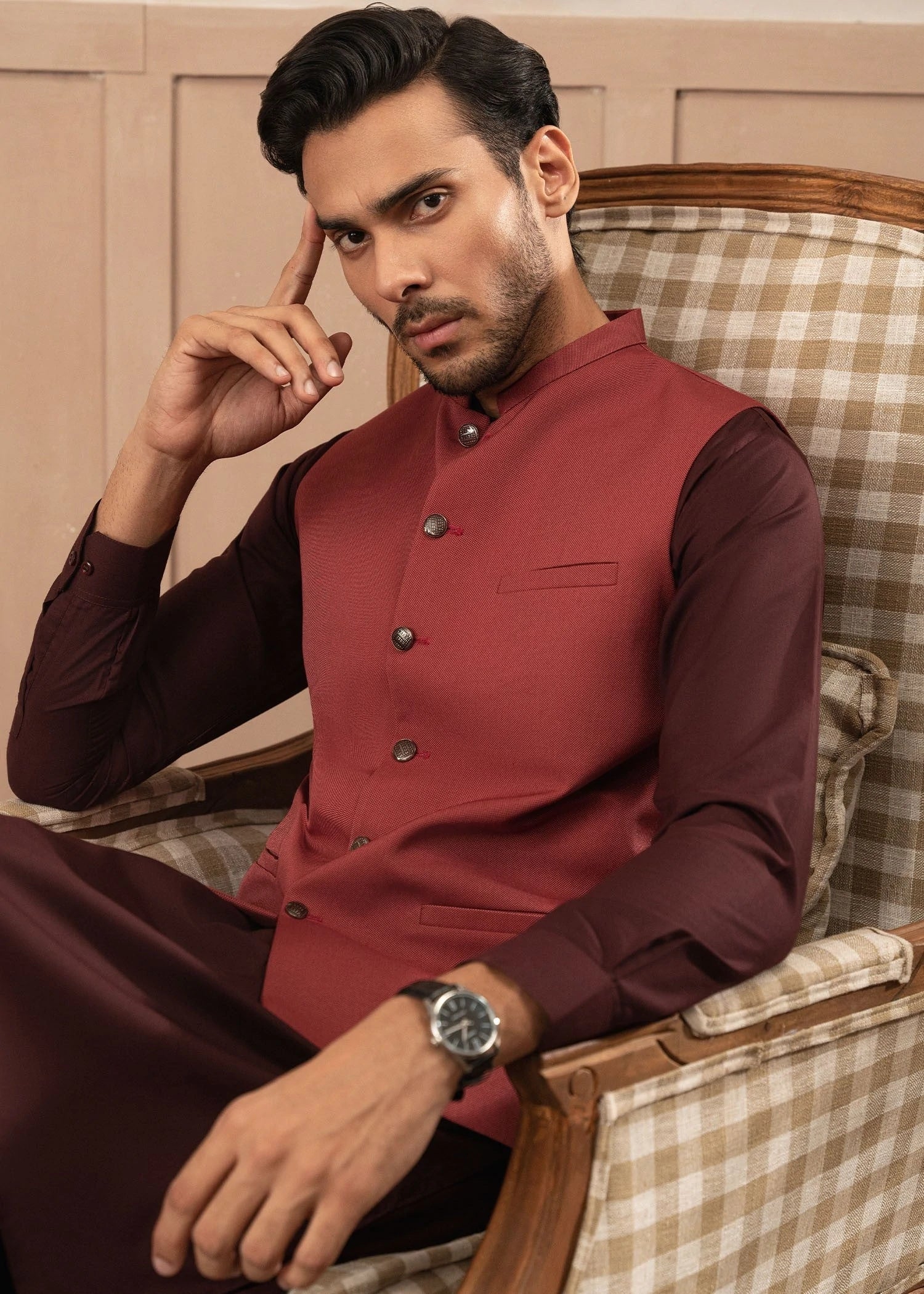 Picture of Platinum Maroon | Waist Coat Ceremonial - Available at Raja Sahib