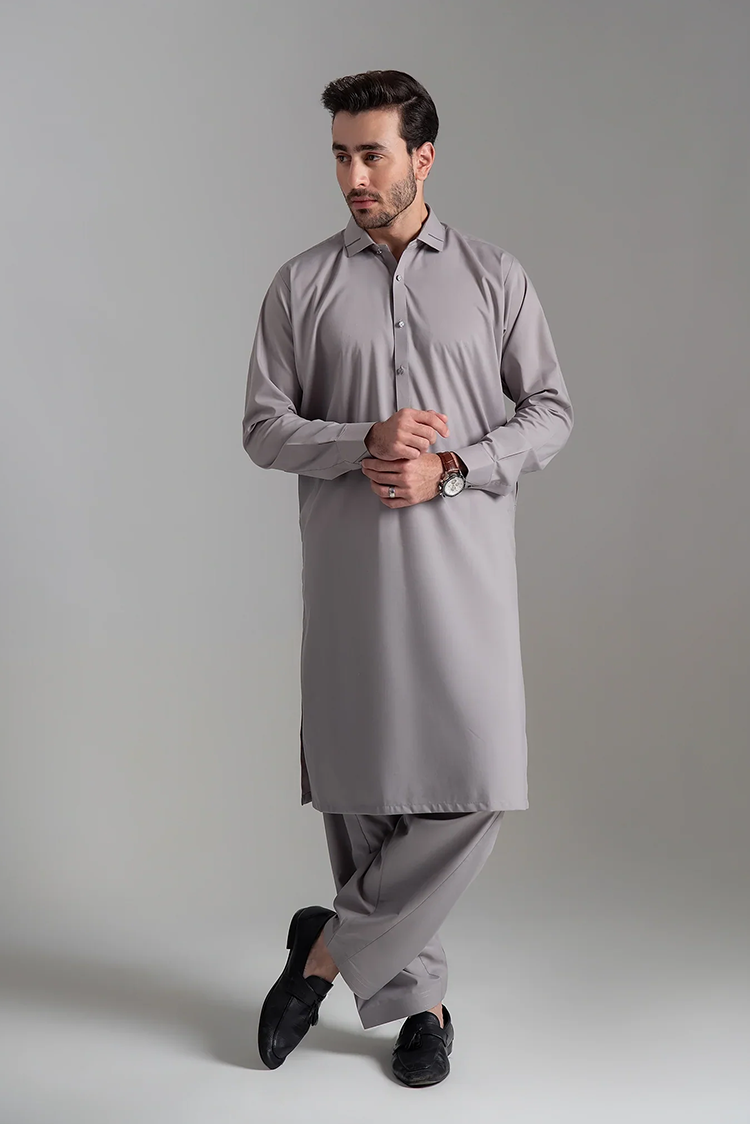 Picture of <!--amy-->Wash & Wear | Light Grey Collared Shalwar Kameez - Available at Raja Sahib