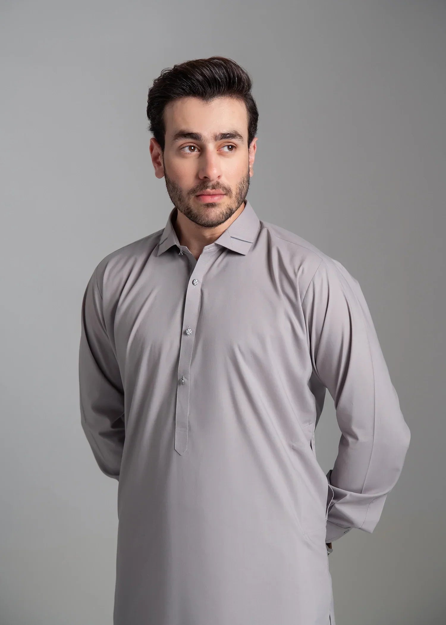 Picture of <!--amy-->Wash & Wear | Light Grey Collared Shalwar Kameez - Available at Raja Sahib