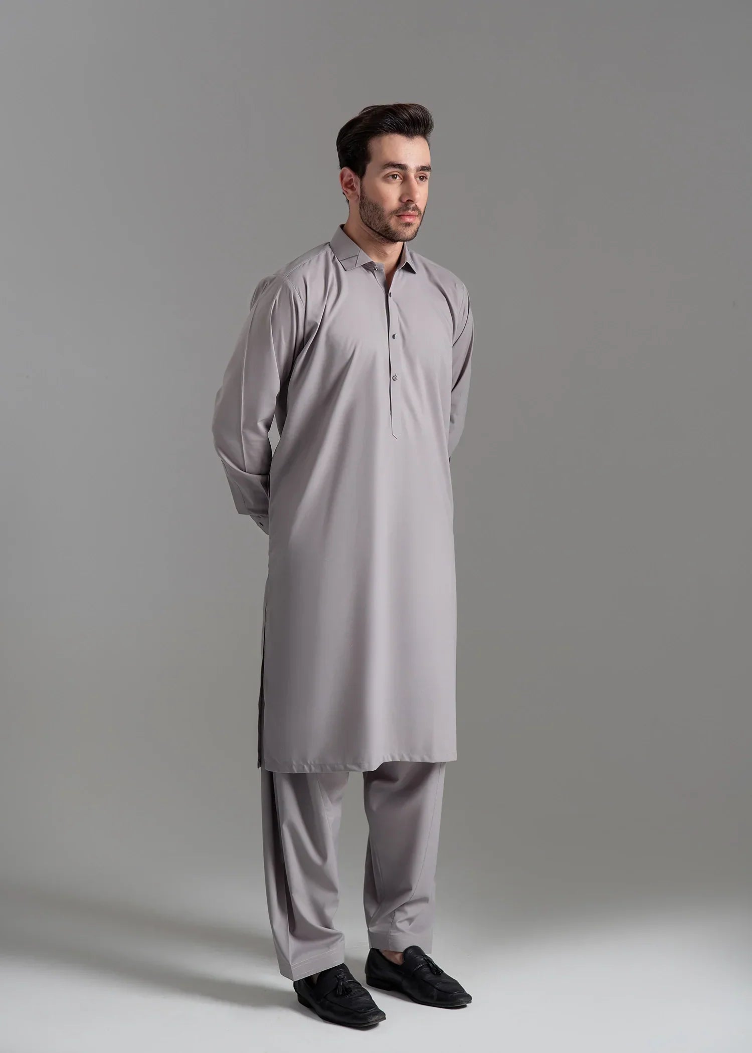 Picture of <!--amy-->Wash & Wear | Light Grey Collared Shalwar Kameez - Available at Raja Sahib