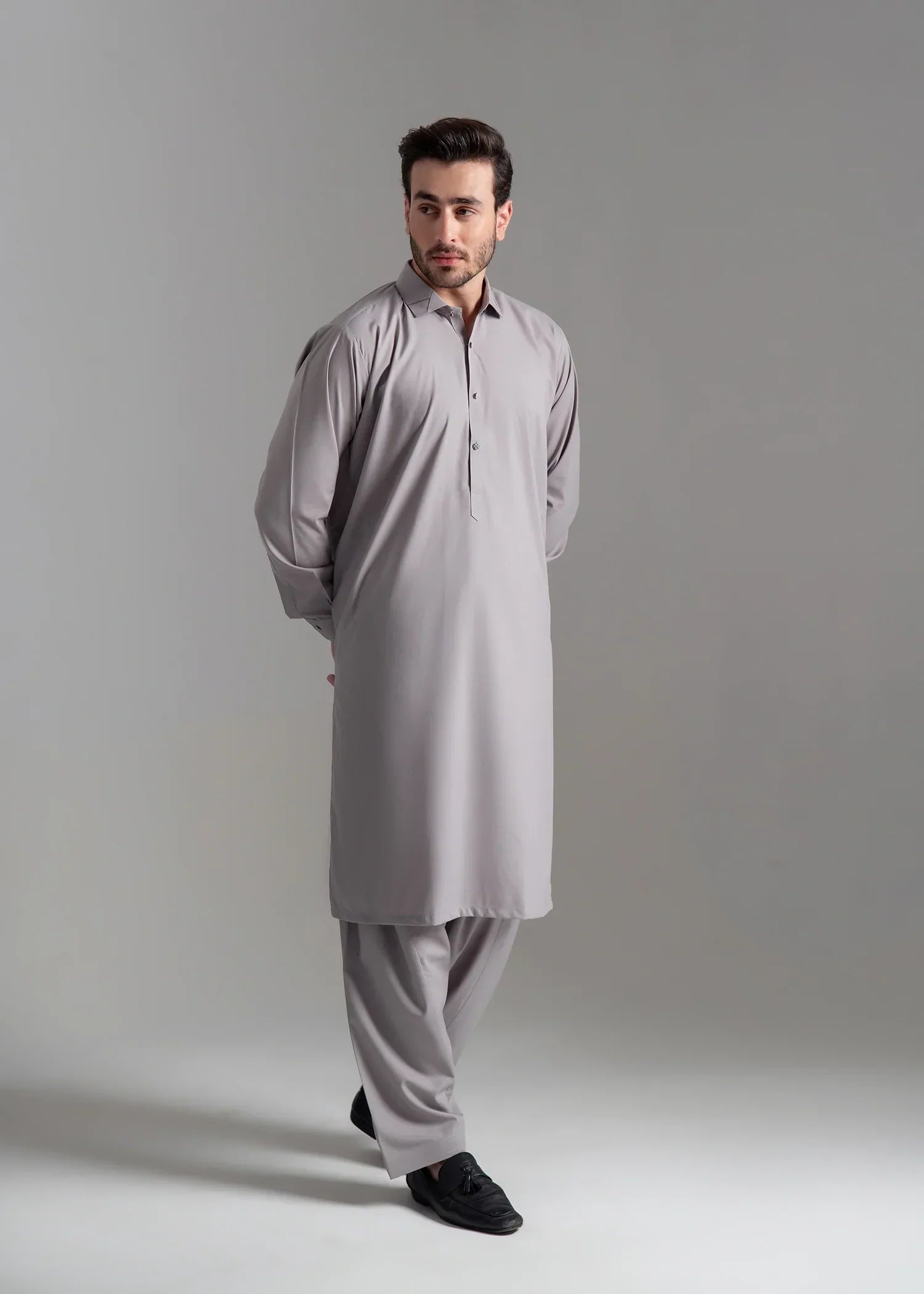Picture of <!--amy-->Wash & Wear | Light Grey Collared Shalwar Kameez - Available at Raja Sahib