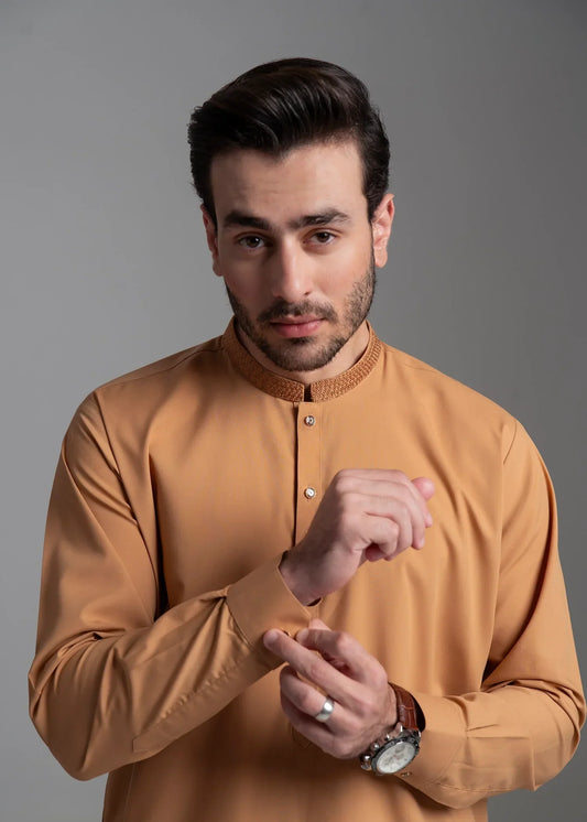 Picture of <!--ajp-->Wash & Wear | Mustard Ban Shalwar Kameez - Available at Raja Sahib
