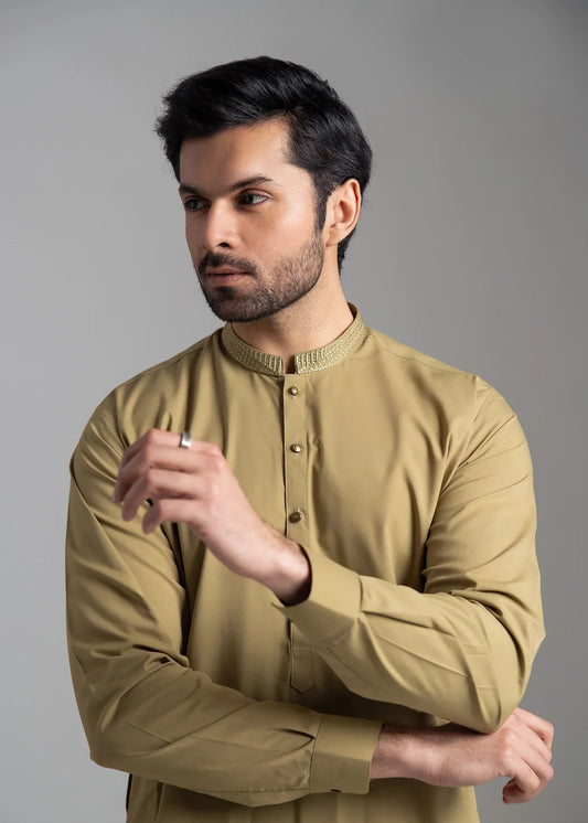 Picture of <!--amx-->Wash & Wear | Olive Ban Shalwar Kameez - Available at Raja Sahib