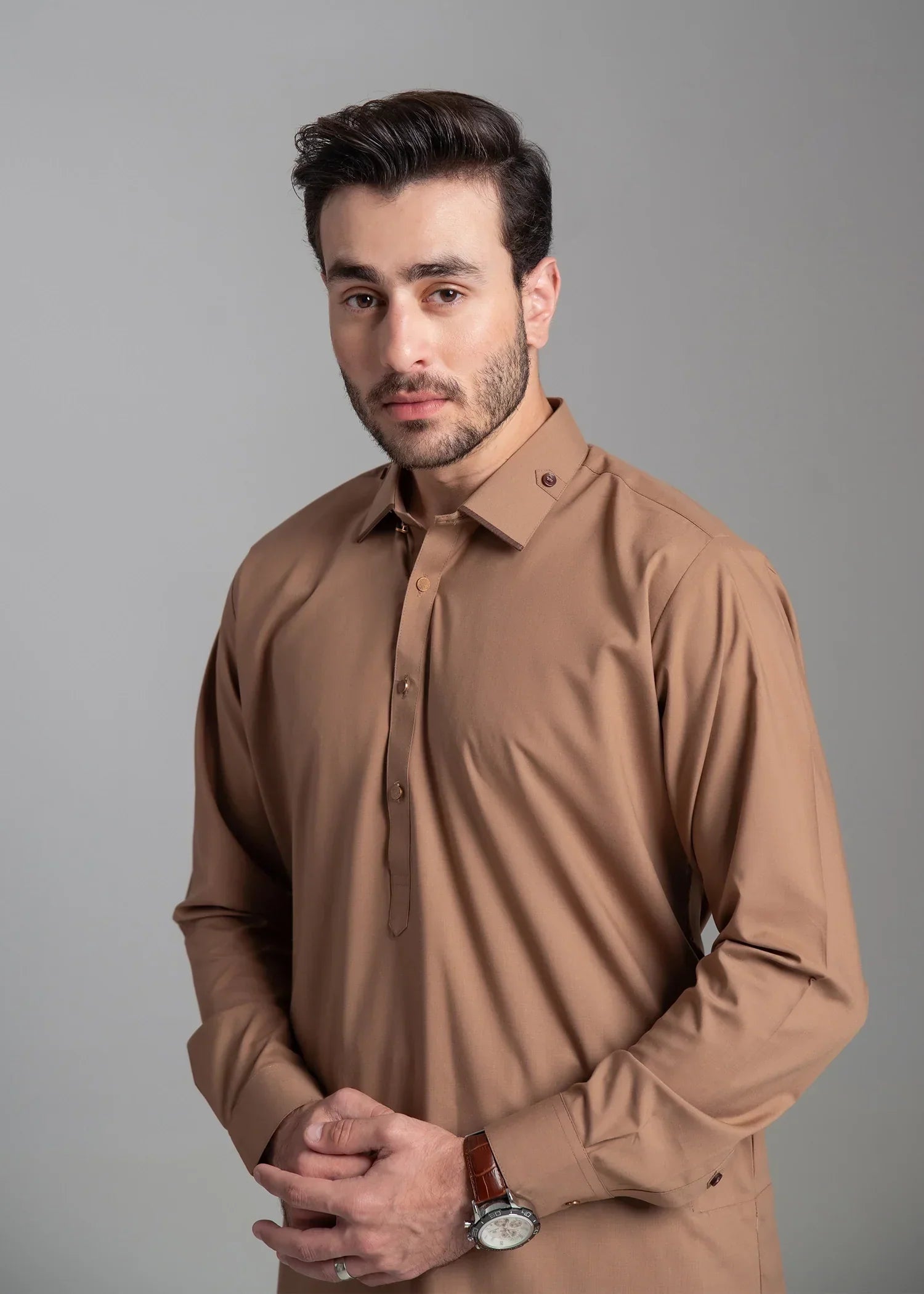 Picture of <!--amv-->Wash & Wear | Brown Collared Shalwar Kameez - Available at Raja Sahib