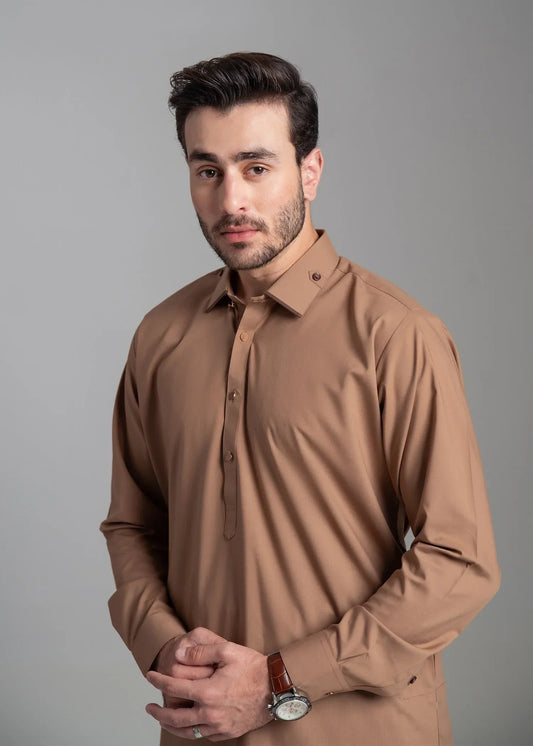 Picture of <!--amv-->Wash & Wear | Brown Collared Shalwar Kameez - Available at Raja Sahib