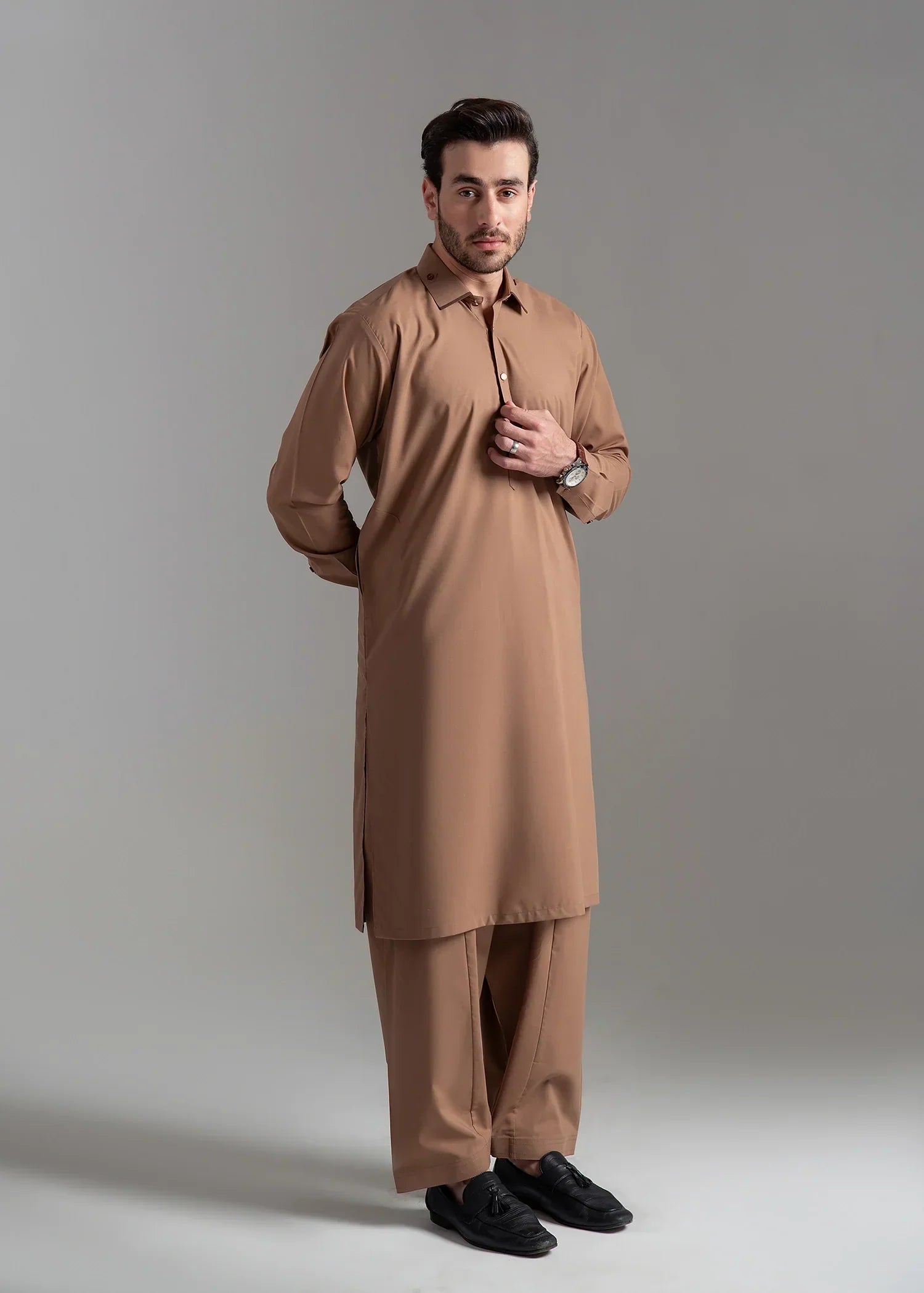 Picture of <!--amv-->Wash & Wear | Brown Collared Shalwar Kameez - Available at Raja Sahib