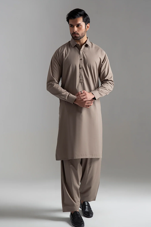 Picture of <!--amq-->Wash & Wear | Beige Collared Shalwar Kameez - Available at Raja Sahib